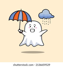 Cute cartoon ghost character in the rain and using an umbrella in 3d modern style design