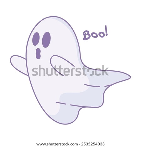 Cute cartoon ghost character saying Boo with spooky face, Vector