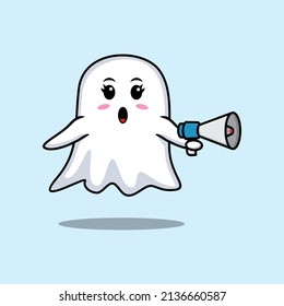 Cute Cartoon ghost character speak with megaphone in 3d cartoon style concept