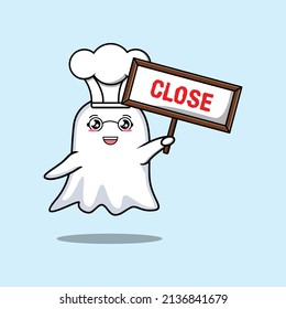 Cute cartoon ghost chef character holding close sign designs in concept 3d cartoon style
