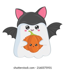 Cute cartoon ghost dressed as a vampire. Vector Halloween illustration. Cute little illustration Halloween ghost for kids, fairy tales, covers, baby shower, textile t-shirt, baby book.