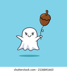 Cute cartoon ghost floating with acorn balloon cartoon vector illustration