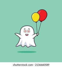 Cute cartoon ghost floating with balloon cartoon vector illustration in concept 3d cartoon style