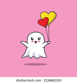 Cute cartoon ghost floating with love balloon cartoon vector illustration