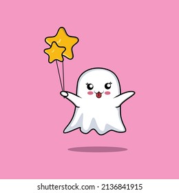 Cute cartoon ghost floating with star balloon cartoon vector illustration