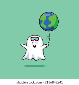 Cute cartoon ghost floating with ghost world balloon cartoon vector illustration