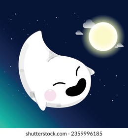 Cute cartoon ghost flying against full moon light. Night sky with stars and moon. Vector illustration.