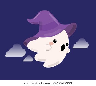 Cute cartoon ghost flying against clouds at night.  Vector illustration.