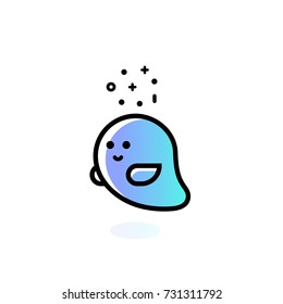 Cute cartoon ghost, friendly smiley spirit face. Blue baby friend. Funny kids toy, vector logo, illustration.