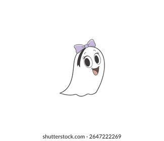 Cute cartoon ghost girl with bow  fun Halloween vector character for kids, stickers, party decor, sublimation, printables, and spooky themed crafts