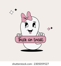 Cute cartoon ghost girl with pink bow in vintage style, groovy halloween character