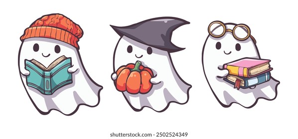 Lindo fantasma de dibujos animados de halloween con libro, con calabaza. Los personajes de dibujos animados lindos son perfectos para hacer pegatinas lindas, como parte de un logotipo o como patrones en materiales impresos.