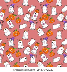 Cute Cartoon ghost with Halloween seamless pattern background 