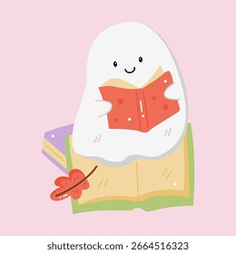 Cute cartoon ghost happily reading a book while sitting on a pile of books with an autumn leaf. Perfect for Halloween and educational designs.