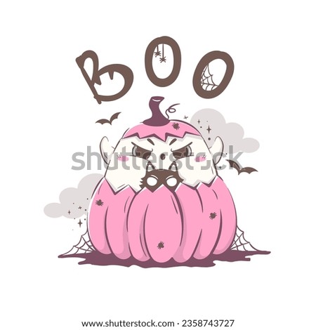 cute cartoon ghost hid in a pumpkin with a cat trying to scare. Halloween character vector illustration