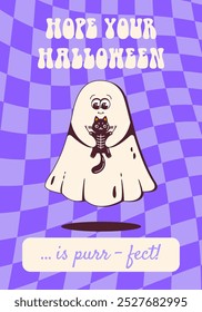 Cute Cartoon Ghost Holding Black Cat Poster in Retro Groovy Style. Halloween greeting. Vactor illustration with text on geometric background.