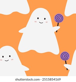 cute cartoon ghost holding candy for halloween trick or treat seamless pattern background wallpaper