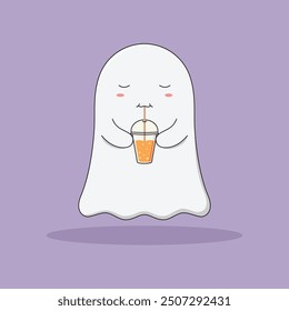 Lindo fantasma de dibujos animados sosteniendo una taza de jugo de naranja. Ilustración vectorial de personaje de Halloween sobre fondo púrpura. Lindo fantasma bebiendo refresco de naranja.