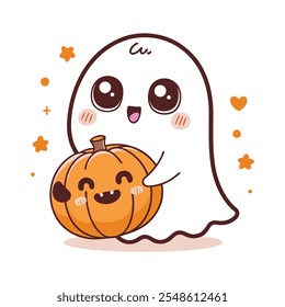 Cute cartoon ghost holding a small pumpkin Kawai vector