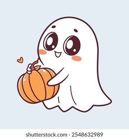 Cute cartoon ghost holding a small pumpkin Kawai vector