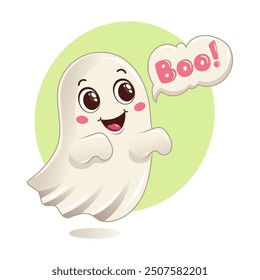 Linda ilustración de fantasma de dibujos animados con ojos grandes y una expresión juguetona, diciendo Boo. Arte vectorial