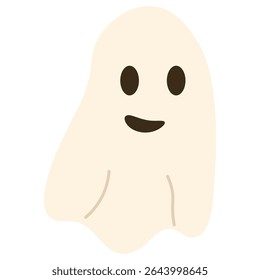 Cute cartoon ghost illustration in Halloween theme. Smiling friendly ghost character in flat vector style, isolated on white background. Perfect for kids designs, stickers, and party decor.