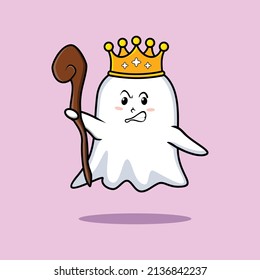 Cuta caricatura mascota fantasma como rey sabio con corona dorada y palo de madera diseño de estilo moderno lindo