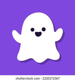Cute cartoon ghost on purple background.