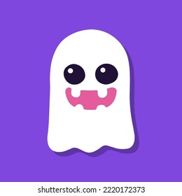 Cute cartoon ghost on purple background.