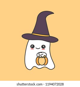 cute cartoon ghost with pumpkin funny vector halloween illustration