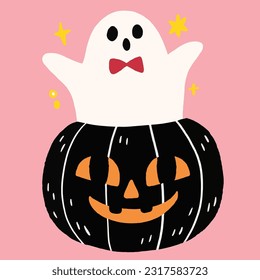 Cute cartoon ghost and pumpkin Halloween doodle element.