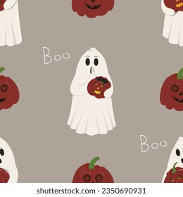 Cute cartoon ghost with pumpkin seamless pattern. Childish spooky boo character. Magic scary spirit. Halloween vector illustration. 