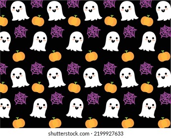 Cute cartoon ghost pumpkin and spider web pattern background vector.