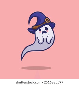 Cute cartoon ghost with a sad face, wearing a blue witch hat on a pink background. Perfect for Halloween-themed designs and illustrations.