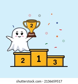 Cute cartoon ghost as the second winner with happy expression in 3d modern style design