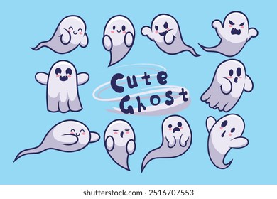 Cute cartoon ghost set with various expressions on a blue background. Perfect for Halloween, children's themes, and fun spooky designs