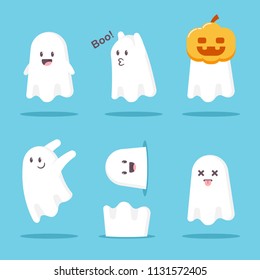 Cute Cartoon Ghost Set. Vector Halloween Funny Character Monster Isolated On White Background.