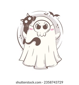 Cute cartoon ghost in a skull mask with a cat on his head is trying to scare