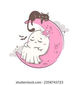 cute cartoon ghost sleeps on a crescent moon with a cat. Halloween character vector illustration in pink retro colors