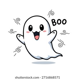 Um fantasma de desenho animado bonito com um rosto sorridente e braços estendidos