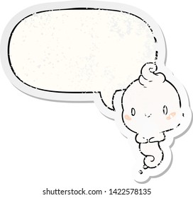 lindo fantasma de dibujos animados con burbuja de habla angustiado viejo pegatina