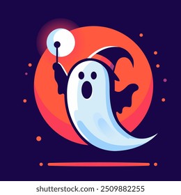 Fantasma de desenho animado bonito, espírito. Cartão comemorativo de Halloween com fantasma. Assombrado de chapéu com varinha mágica sobre fundo roxo. Personagem fantasma. Design fantasma. Design fantasma assustador. Fantasma voador. Design fantasma