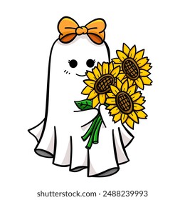 Lindo fantasma de dibujos animados con girasol en ilustración de Halloween