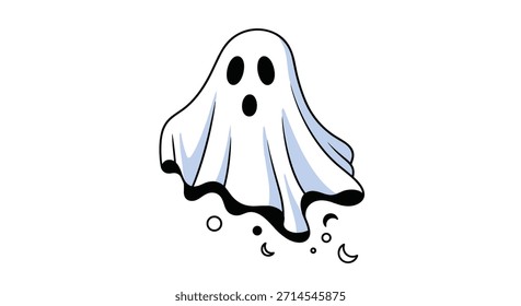 Fantasma lindo de la historieta con una expresión sorprendida que flota sobre burbujas y lunas crecientes, perfecto para las ilustraciones de Halloween.