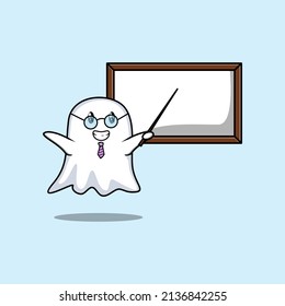 Cute cartoon ghost teacher character teaching with whiteboard in 3d cartoon style concept