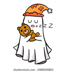 Cute cartoon ghost with Teddy bear in Halloween illustration 
