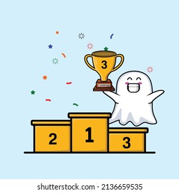El fantasma de los dibujos animados como tercer ganador con expresión feliz en diseño de estilo moderno 3d