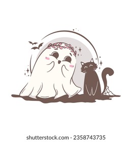 cute cartoon ghost is touched by a cat nearby. Halloween character vector illustration