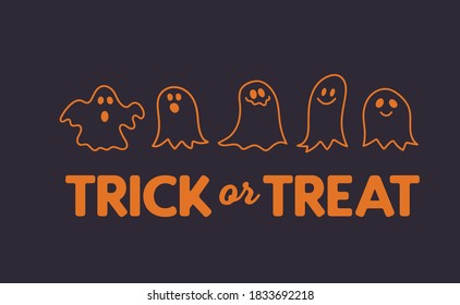 Cute cartoon ghost with trick or treat text design. Funny Halloween illustration.