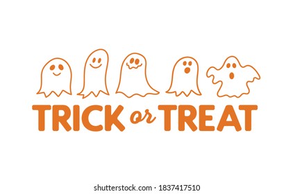 Cute cartoon ghost with trick or treat text design. Funny Halloween illustration.